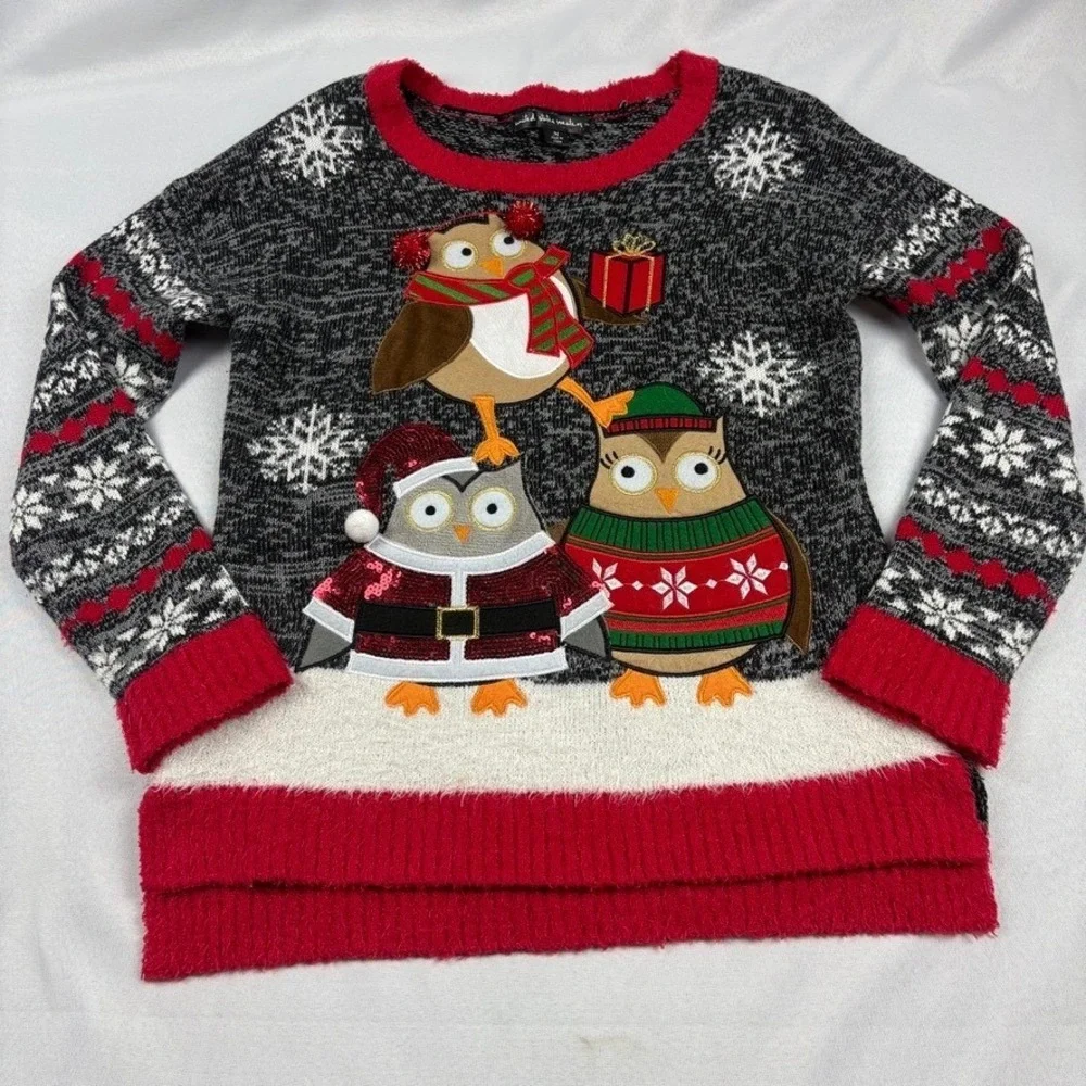 United States Sweaters Women M Holiday Owl Christmas‎ Black Red Whimsical Quirky